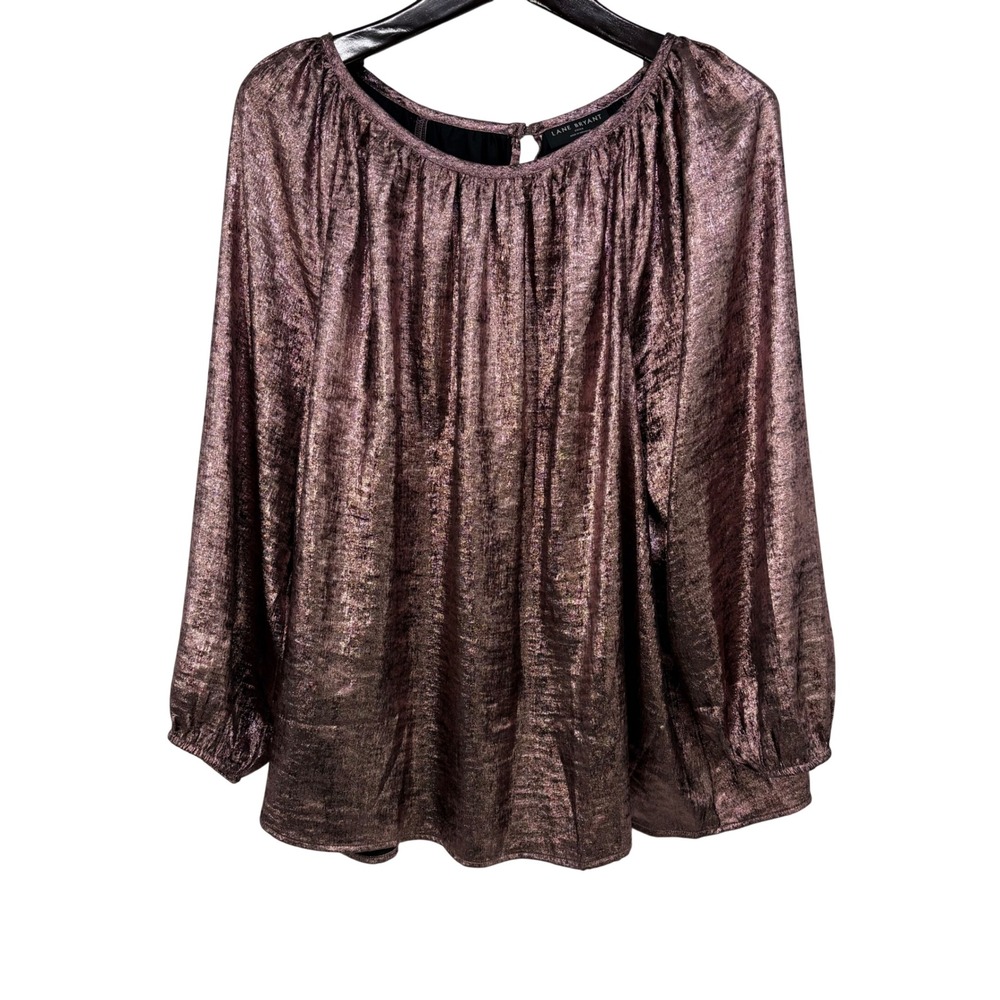 Lane Bryant Women Metallic Rose Foil Long Sleeve Blouse 22/24 Cocktail Holiday